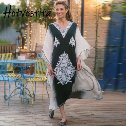 Hotvestita Kaftan Beach Short Sleeve Summer Maxi Dress Cotton Black Print Tunic Women Sarong Beach Wrap Loose Bikini Cover Up