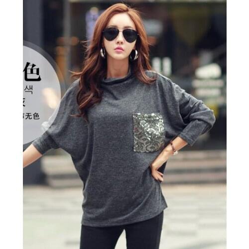 Women best-selling casual t-shirt high quality plus size batwing sleeve loose t-shirt pocket ladies autumn tee top free shipping