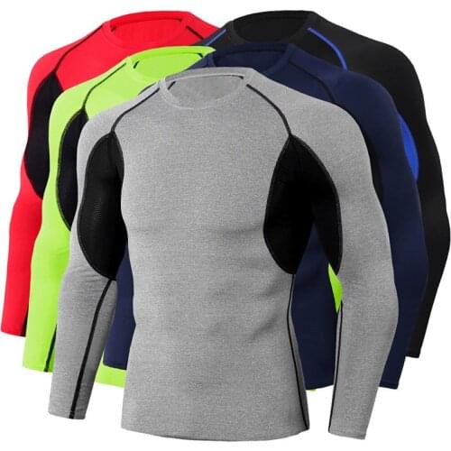 Mens Tight Fitness Athletic T-shirt Stretch Quick-drying Round Neck Long-sleeved T Shirt -OPK