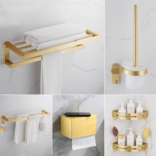 Brushed Gold Aluminum Bath Hardware Accessory Set Towel Rack/Ring Paper/Toilet Brushed Holder/Box Corner Shelf Soap Dish Hooks