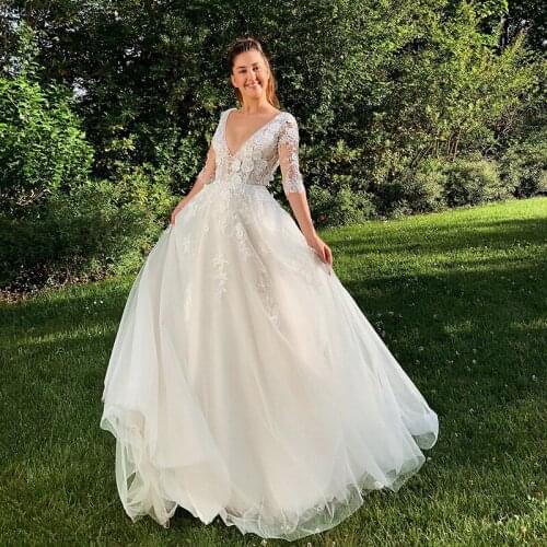 New Bride Dresses Sexy V Neck Long Sleeves Bohemian Lace Bridal Gowns Backless Summer Mariage Boho Backless Wedding Dress