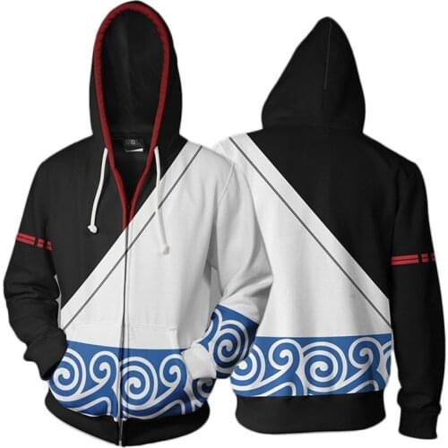 Wholesale Japanese Anime Gintama Sakata Gintoki Cosplay Zipper Hooded 3D Printed Jacket Sweatshirt Streatwear Long Sleeve Coat