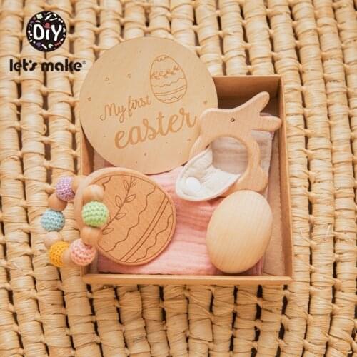 Lets Make 4PC/Set Baby Toy Easter Egg Suit Toddler Toy Bracelet Milepost Saliva Towel Baby Kids Gift With Box Custom Name