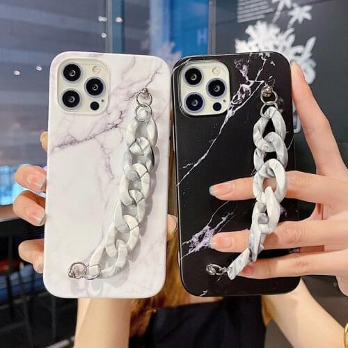Ottwn Luxury Wrist Strap Phone Case For iPhone 11 12 Pro Max Mini X XR XS Max 7 8 Plus SE 2020 Marble Texture Soft IMD Cover