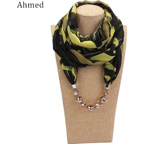 Ahmed Fashion Printed Chiffon Statement Beads Scarf Necklace for Women New Design Bohemian Head Scarves Collar Jewelry