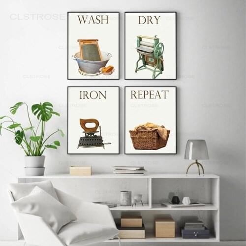 Vintage Laundry Wall Art Print Canvas Painting Nordic Poster Wash Dry Fold Repeat Laundry Sign Pictures for Home Decoration
