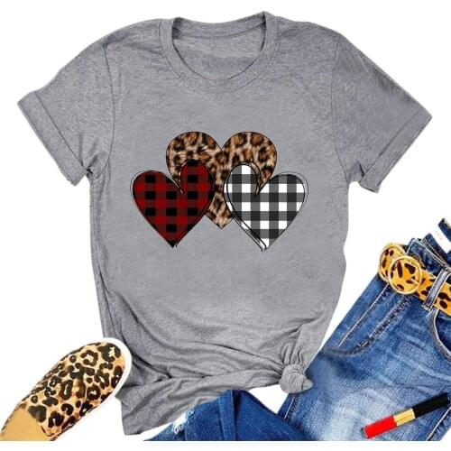 Women Fashion Casual Round Neck Short Sleeve Valentine dayT-Shirt Solid Color Lovely Hearts Printing Daily All-match Shirt