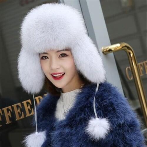 Woman Winter Fox Fur Hat Korean Fashion Unisex Ear Snow Cap Adult Women Solid Fur Hat Russian Fur Hat Snow Hat