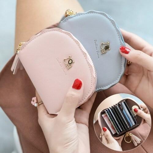 Women Short Organ Credit Card Holder Case Cute Student Tassel Zipper Coin Purse Money Pouch PU Leather Fashion Mini Wallet