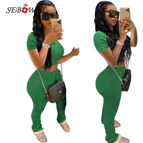 SEBOWEL Womens Solid Color Short Sleeve Trousers Sports Suit Casual Cropped Top + Folds Pants Sets for Female Summer S-XXL