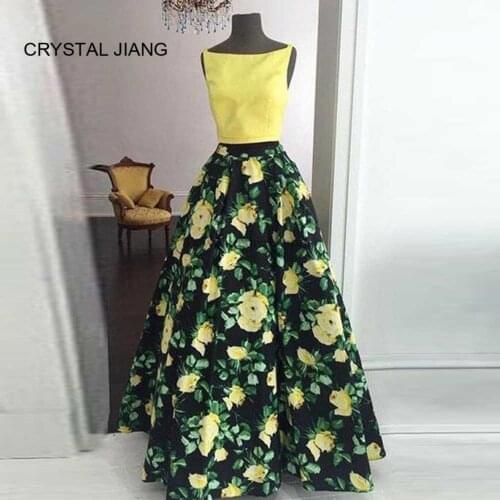 Hot Sale 2020 Two Pieces Dress Scoop Collar A Line Yellow Floral Printed Custom made Formal Long Evening Dresses Elegant