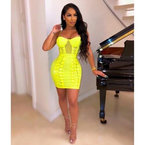 Women Sexy Fashion Mesh Lacing Hot Pink Neon Green Bandage Dress Designer Mini Celebrity Party Dress