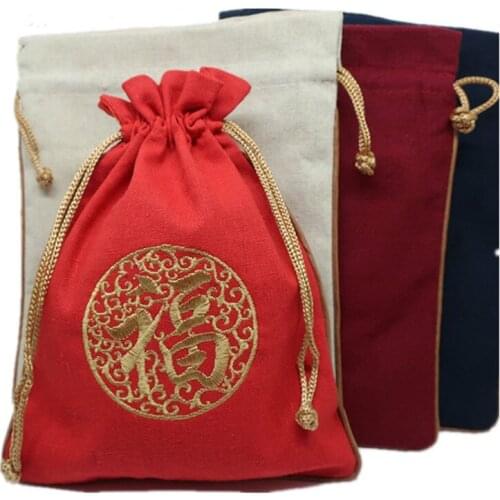 China Embroidery Lucky Fu Big Jewellery Pouch Wedding Party Gift Bags Cotton Linen Drawstring Pouch Fabric Packaging Bags 10pcs