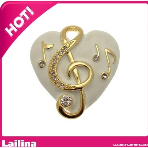 White Enamel Gold tone Heart Shape Music Note Brooch Pin Jewelry for Women Hot Sell
