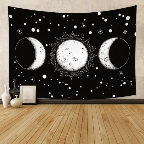 White Moom with Star Black Tapestry Vintage Exotic Summer Plant Nature Frame for Bedroom Photography Wall Decor