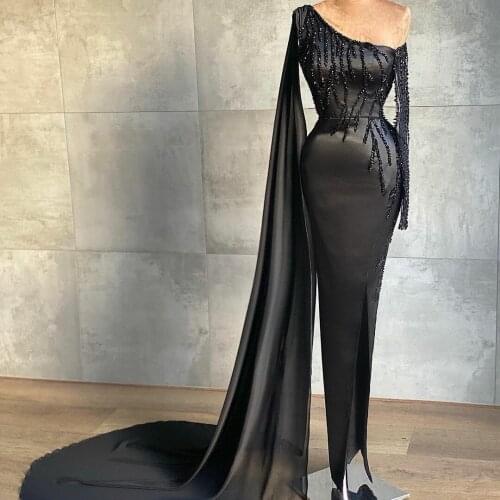 One Shoulder Black Evening Dress with Wrap Beading Side Split Prom Gowns Long Sleeve Formal Party Dress Customise