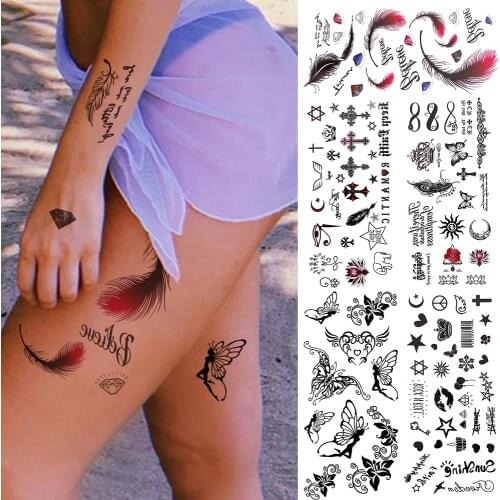 Black Small Temporary Tattoos For Kids Children Women Men Cross Cute Diamond Fairy Elf Fake Face Tattoo Sticker Tatoos Feather