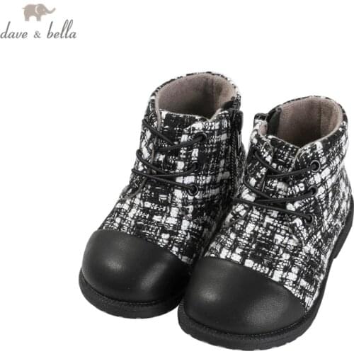 DB14771 Dave Bella winter girls fashion plaid patchwork boots children leather shoes girl high quality boots leather bow shoes