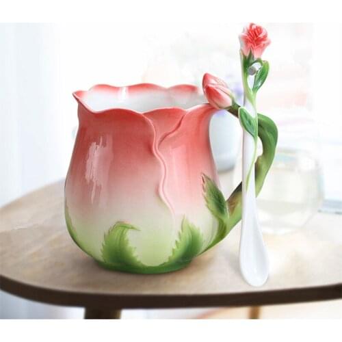 European Style Enamel Ceramic Coffee Mug Creative 3D Rose Flower Shape Teacups Pastoral 4 Colors Breakfast Milk Cups With Spoon