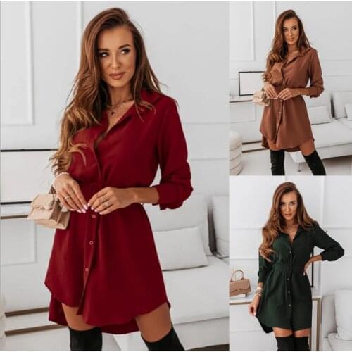 European and American fashion autumn and winter long sleeve lapel slim shirt dress tide