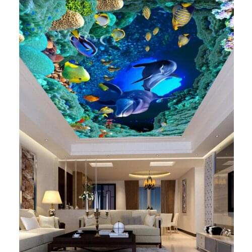 Custom photo 3d ceiling murals wallpaper Sea world dolphin caves home decoration painting 3d wall murals wallpaper for walls 3 d