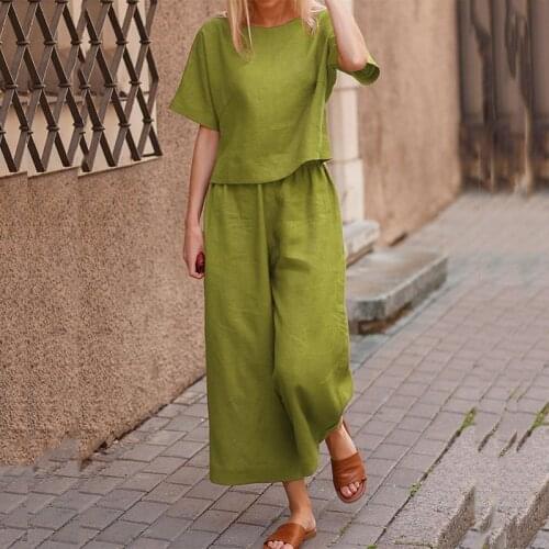 Spring Autumn Women Cotton Linen Two Piece Sets Casual Solid O-Neck Tops+Wide Leg Pants Suits Fashion Simple Lady Loose Outfits