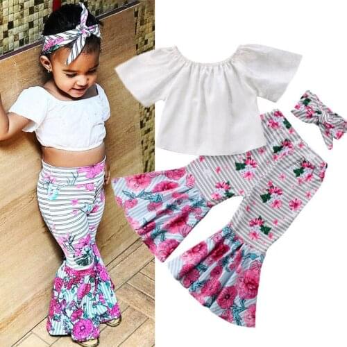 Baby Girls Clothes Suits Short White Ruched Floral Print Tops+Flare Floral Striped Pants Headband Bebe Kids Clothes Sets