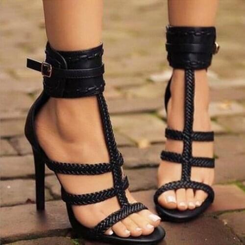 Summer Nice Sexy Ladies sandals Women Black PU Leather T-strap Braided Belt Buckle Stiletto High Heeled Sandals Shoes Lady