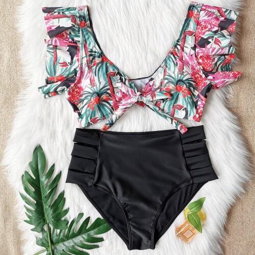 HOT! New Ruffled Bikini Two-piece Swimsuits High Waist Hot 8-color Street Nightclub Fashion European and American Sexy Floral
