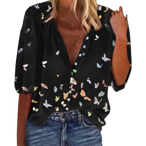 Fashion Floral Shirts Blouse Fashion Trend Clothing Loose Casual Half Sleeve Butterfly Printed Plus Size Ladies Casual Blouses