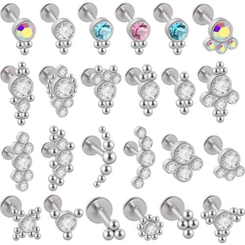 New 1PC 16G G23 Titanium&Steel CZ Gem Triangle Labret Lip Ring Crystal Cluster Ear Cartilage Tragus Helix Piercing Screw Fit Top