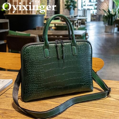 OYIXINGER Genuine Leather Women Briefcase Luxury Office Laptop Bag For 13" 14" Macbook Hp Dell Crocodile Pattern Female Handbag