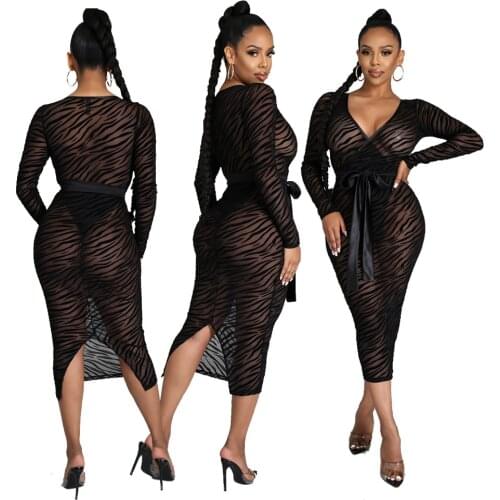 Sexy High Stretch Mesh Dress Summer Fashion Nightclub Split Long Dress V-neck Full Sleeve High Waist Lace Up Sheath Beach Dress