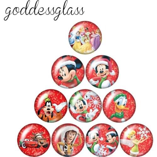 Disney Christmas Mickey Princesses Gift 10pcs 12mm/18mm/20mm/25mm Round photo glass cabochon flat back Necklace Making findings