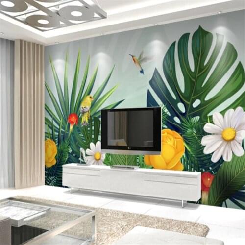 Custom Mural Wallpaper Hand Drawn Tropical Forest Colorful Parrot Background Wall Painting