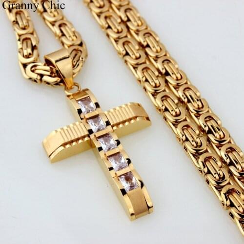 Granny Chic Hot Sell Mens Jewelry Gold Tone Stainless Steel Crystal Cross Pendant Byzantine Necklace