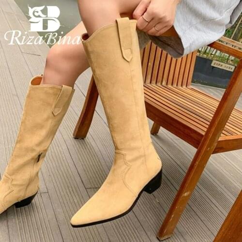 RIZABINA New Women Fashion Mid Calf Boots Pointed Toe Flock Zipper Thick Heels Vintage Western Boots Ladies Footwear Size 34-40