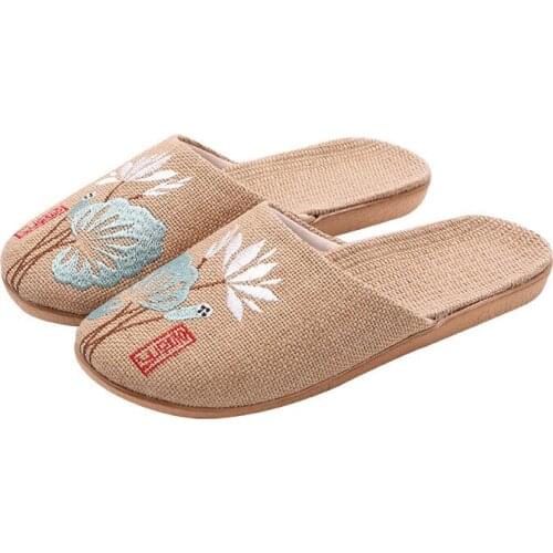 Womens/Men Summer Linen Slides Indoor Bathroom Home Shoes Male/Female Beach Flip Flops Couple Flax Slippers Embroidered Sandals