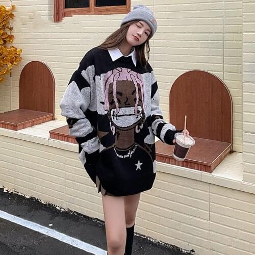 Japanese Cartoon Anime Happy Boy Knitwear Women Harajuku Mens Baggy Tops Casual Streetwear Pullover Sweaters 2021