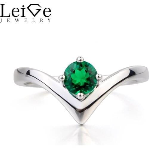 Leige Jewelry Emerald Ring Engagement Ring May Birthstone Round Cut Green Gems Solid 925 Sterling Silver Ring Gifts for Her