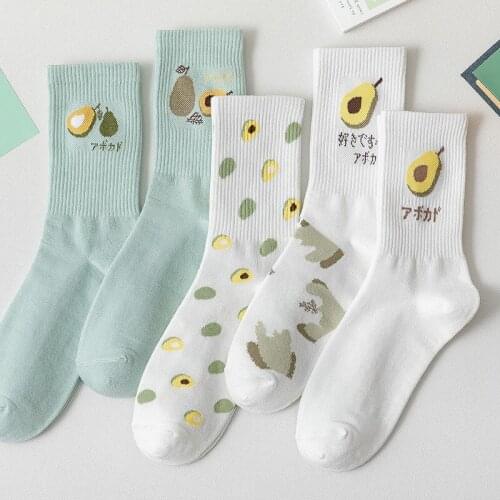 Avocado Women Stripe Medium Tube Socks Spring Autumn Korean Pure Cotton Breathable All-Match Female Fashion Sweet Sport Socks