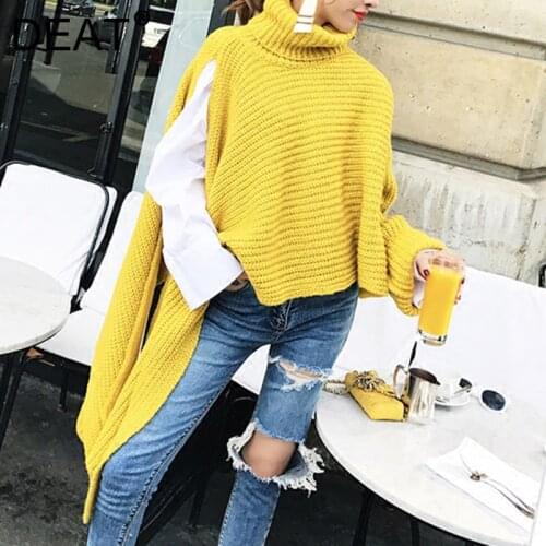 DEAT Irregular Sewater Female Turtleneck Batwing Sleeve Asymmetrical Knitting Pullover Jumper 2021 Spring Korean Clothes WB51907