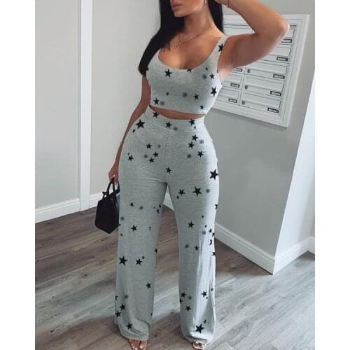 Women Star Print Crop Short Tank Top & Long Pants Set Two Piece Set Casual Look Women Suits