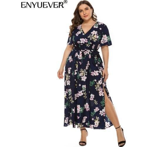 Enyuever Long Boho Dress Plus Size Women Clothing Short Sleeve V Neck Slit Floral Maxi Summer Dresses Casual Beach Sundresses