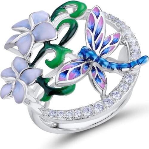 Vintage Rings For Women Antique silver plated Crystal Zircon Ring Enamel Epoxy Flower Indian Jewelry Ring Girls Ladies Gifts