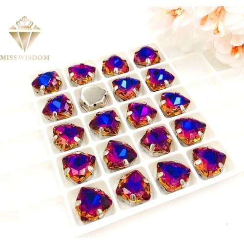 12mm Fat Triangle Purple blue light High quality Glass Crystal sew on rhinestones sliver base with hole diy/clothing accessories