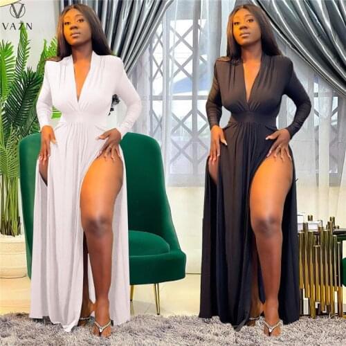 VAZN 2021 Autumn INS High Waist Solid Spit Dress Sexy Club Elegant Deep V-Neck High-end Long Dress For Evening Robe