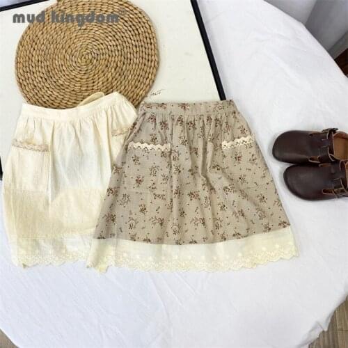 Mudkingdom Girls Petticoat Skirt Casual Lace Patchwork Floral Solid Pocket Belt Apron Kids Clothes Spring Autumn A-line Skirts