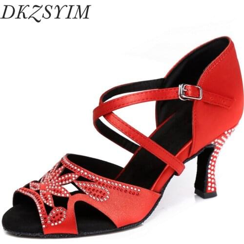 DKZSYIM Women Latin Dance Shoes Square Heels 3CM Satin Rhinestone Ballroom Tango/Salsa Dance Shoes Soft Elegant Dance Sandals 10