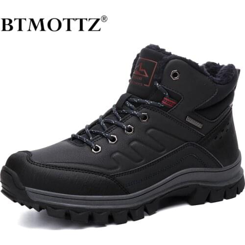 Leather Men Boots Sneakers Warm Fur Snow Boots Men Winter Work Casual Shoes 2019 Military Rubber Ankle Boots Waterproof BTMOTTZ